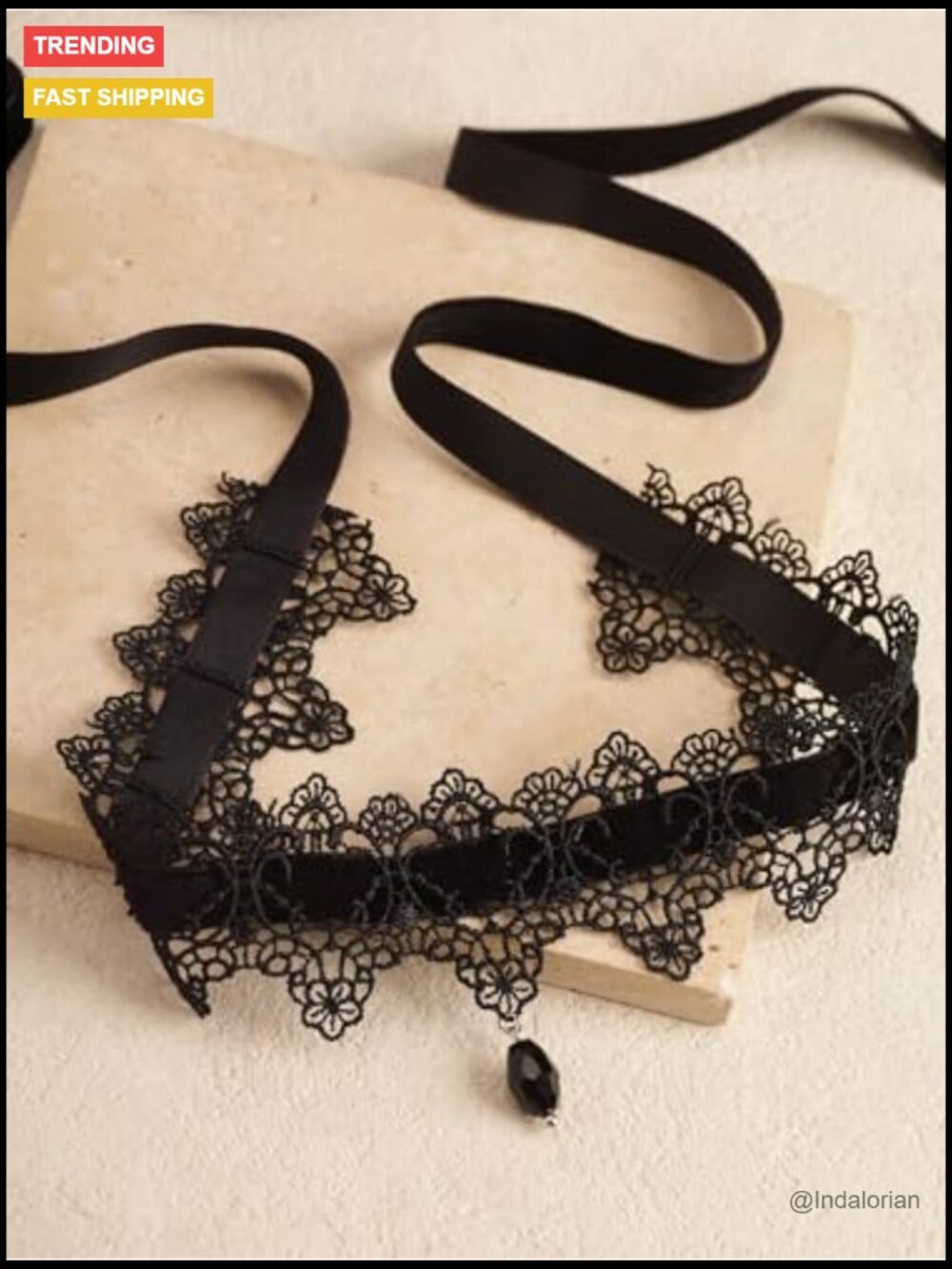 Gothic Vintage Lace Velvet Choker with Glass Crystal Pendant - Picture 6 of 7